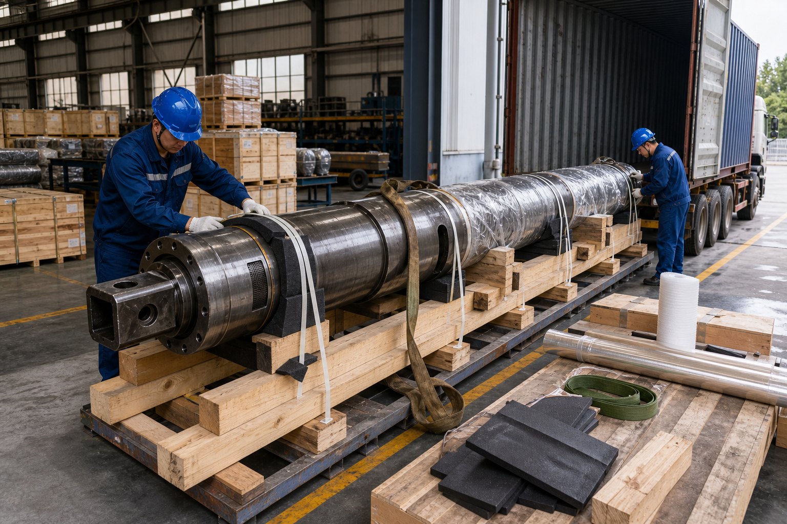 Kelly bar export packing with wooden supports protective film and safe loading preparation