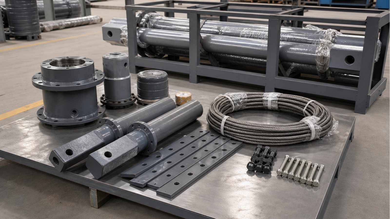 Kelly bar spare parts and non-wood export packing on a metal workbench